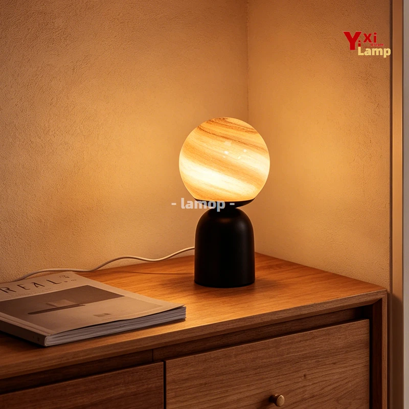 Planet Pattern Glass Table Lamp USB Powered Bedside Night Light Blue Swirl Globe Desktop Ambient Light for Bedroom Home Decor