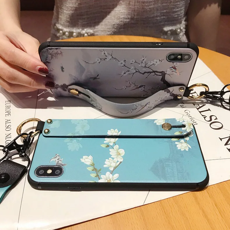 Coque de téléphone avec lanière à fleurs, étui arrière pour iPhone 16 17 15 14 13 12 11 Pro Max 16E Xs Max XR 7 8 Plus, dragonne, support de téléphone