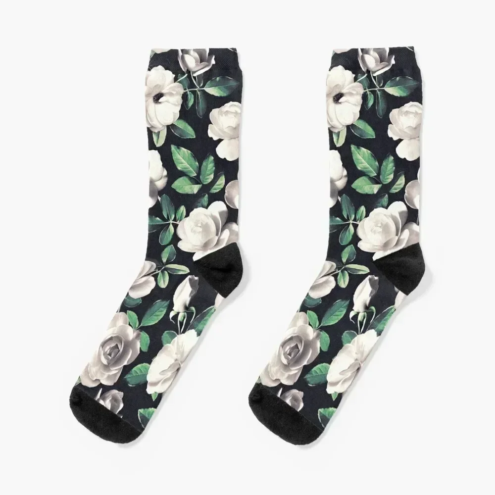 Old Fashioned White Roses with Hunter Green Leaves Socks funny gift winter gifts Women Socks Men's