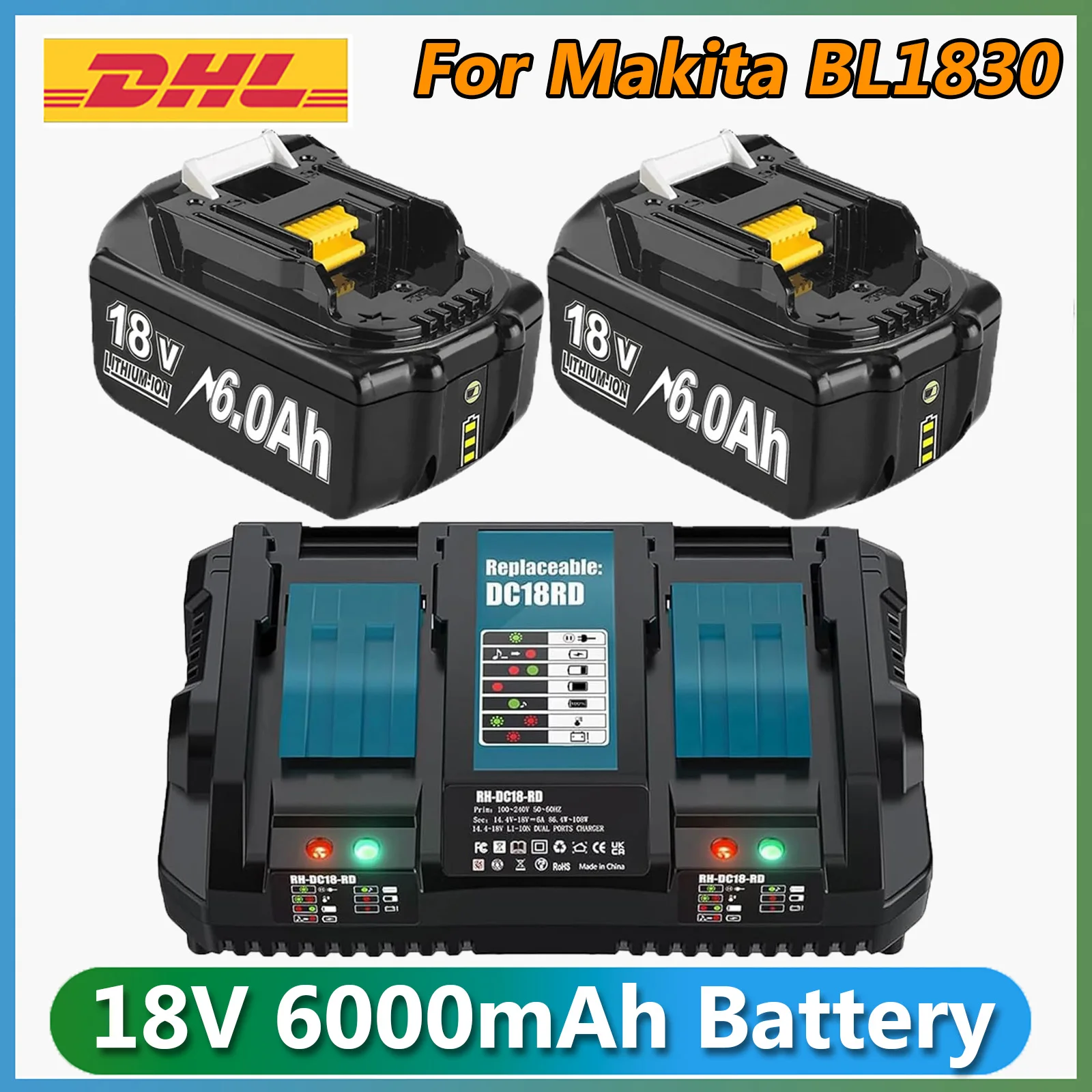 18V 6.0Ah/6000mAh Replacement Battery For Makita BL1830 6A Charger For DC18RD Compatible For BL1860 BL1850 BL1840B BL1830B