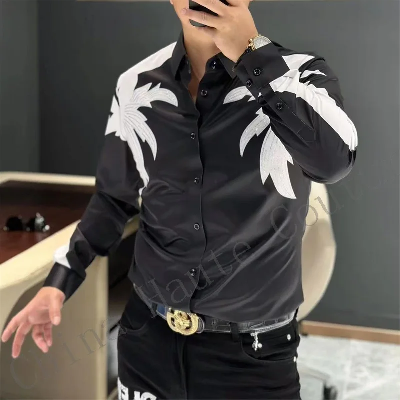 New autumn trend contrast color stitching print long sleeve shirt men's casual versatile lapel slim fit non-iron shirt