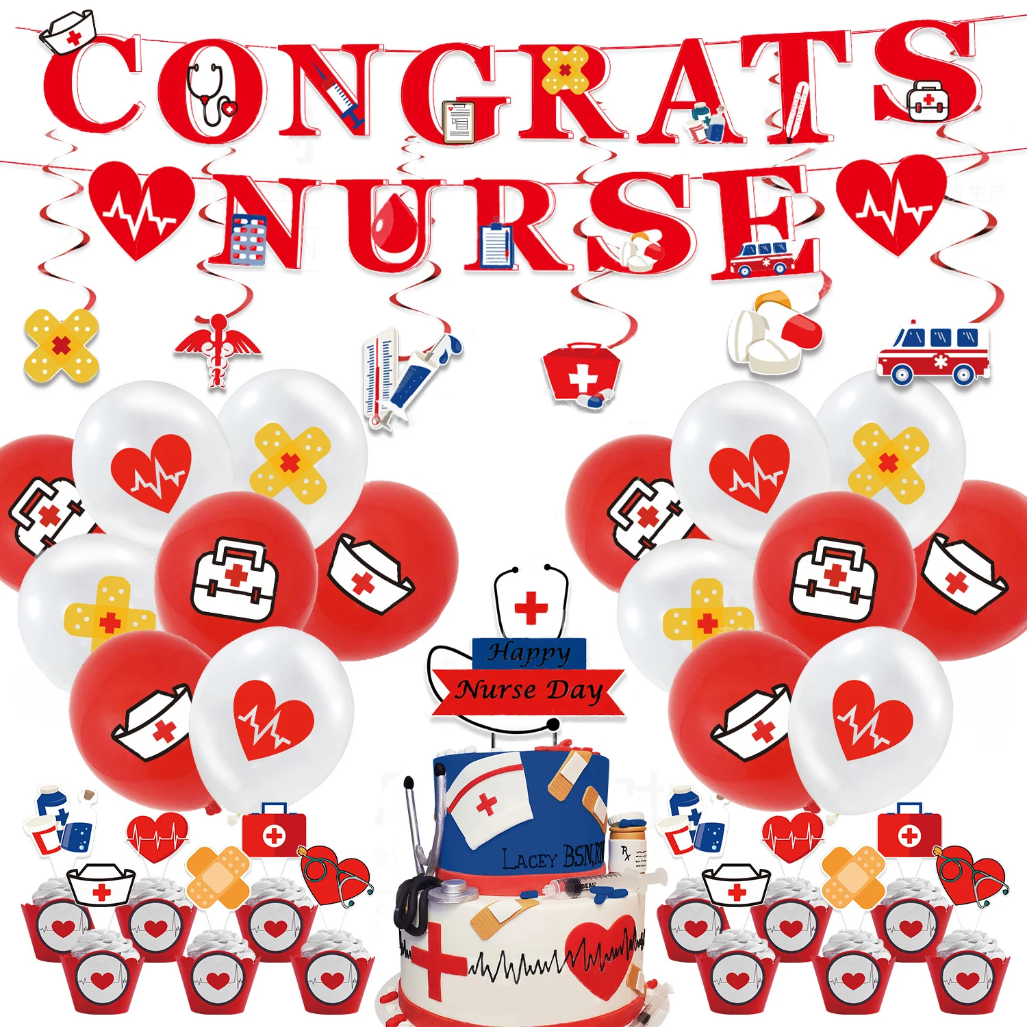 Graduation Nurses and Doctors Theme Party Garland, Swirl Balloon Decoration, Congrats Nurse Banner, Cake Topper Supplies