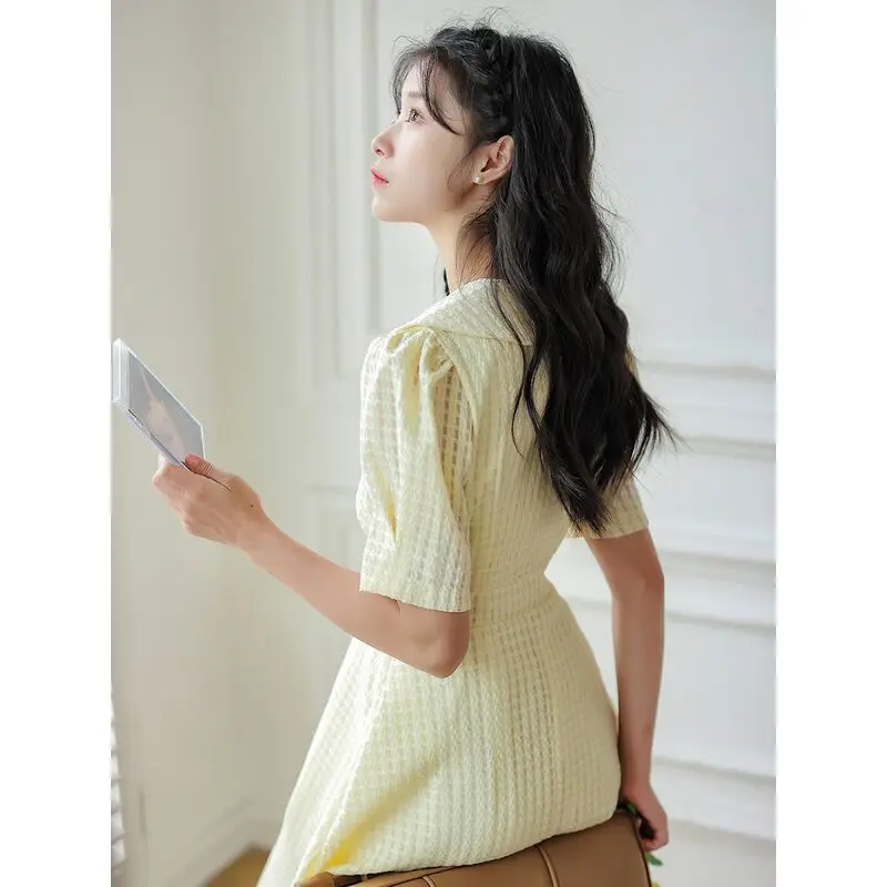 Pearl Buttons Puff Sleeve Preppy Style Knee-length Dresses Summer Peter Pan Collar Solid Pullover Women\'s Clothing Small Fresh