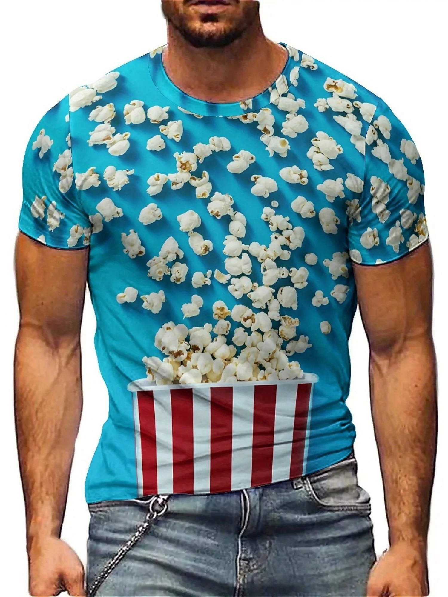 Men's 3D Popcorn Print T-Shirt, Light Blue with Realistic Food Design, High-Quality Polyester Fabric