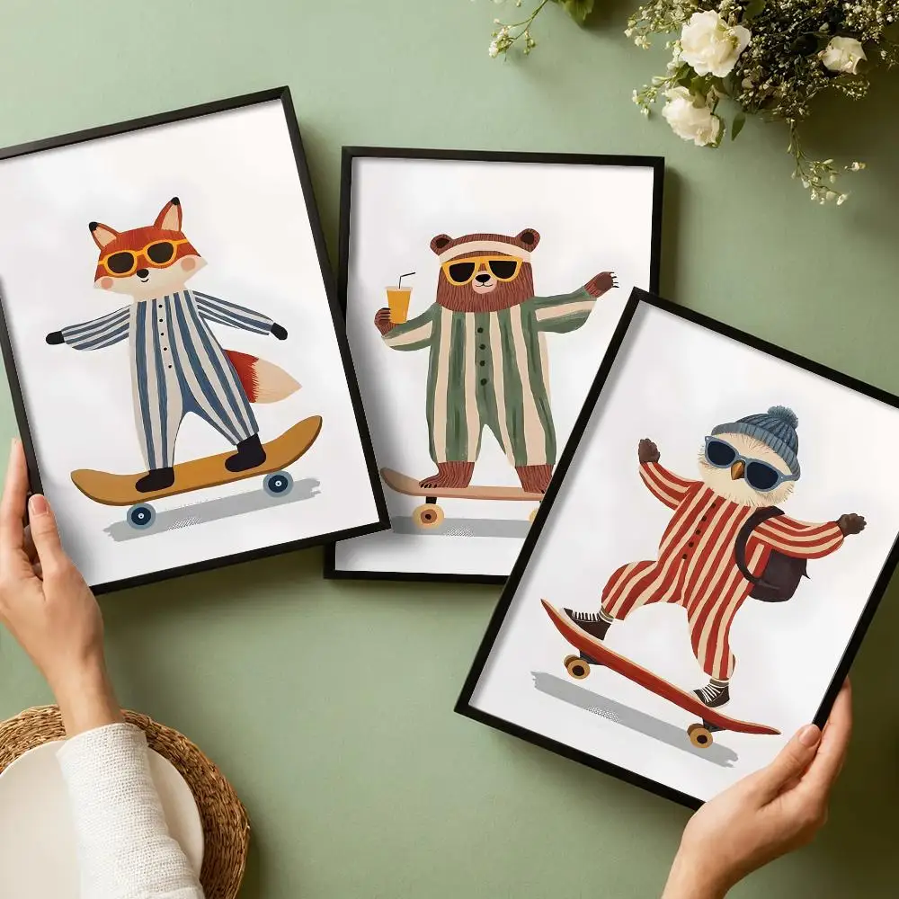 Animal Skateboard Poster Stickers HD Painting Self-Adhesive Art for Bedroom Living Room Home Decor Modern Wall Decals Gift