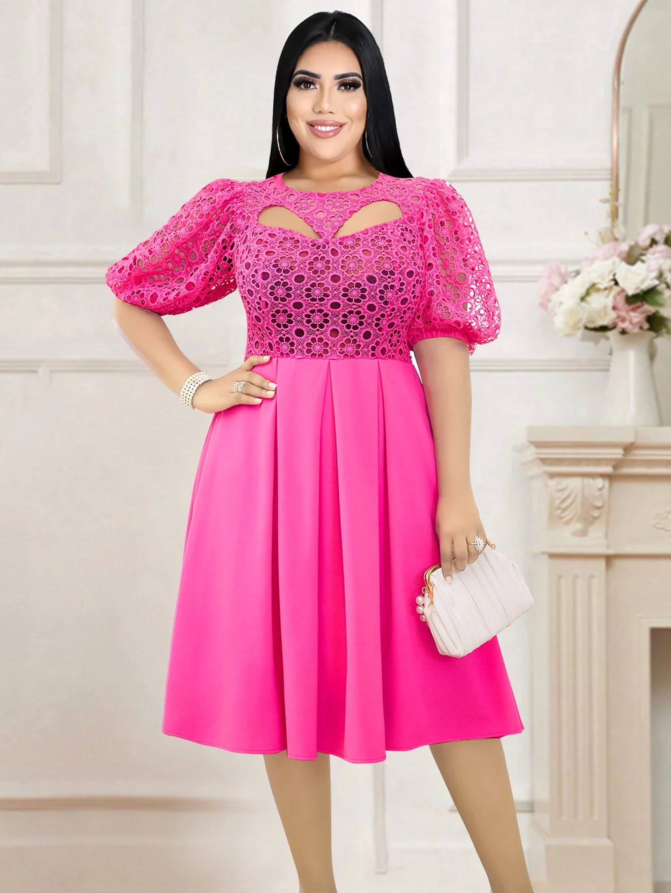 Vintage Fuchsia Hollow Out Dress For Women Short Lantern Sleeve Lace Patchwork Pleated Gown Birthday Prom Party Event Plus Size