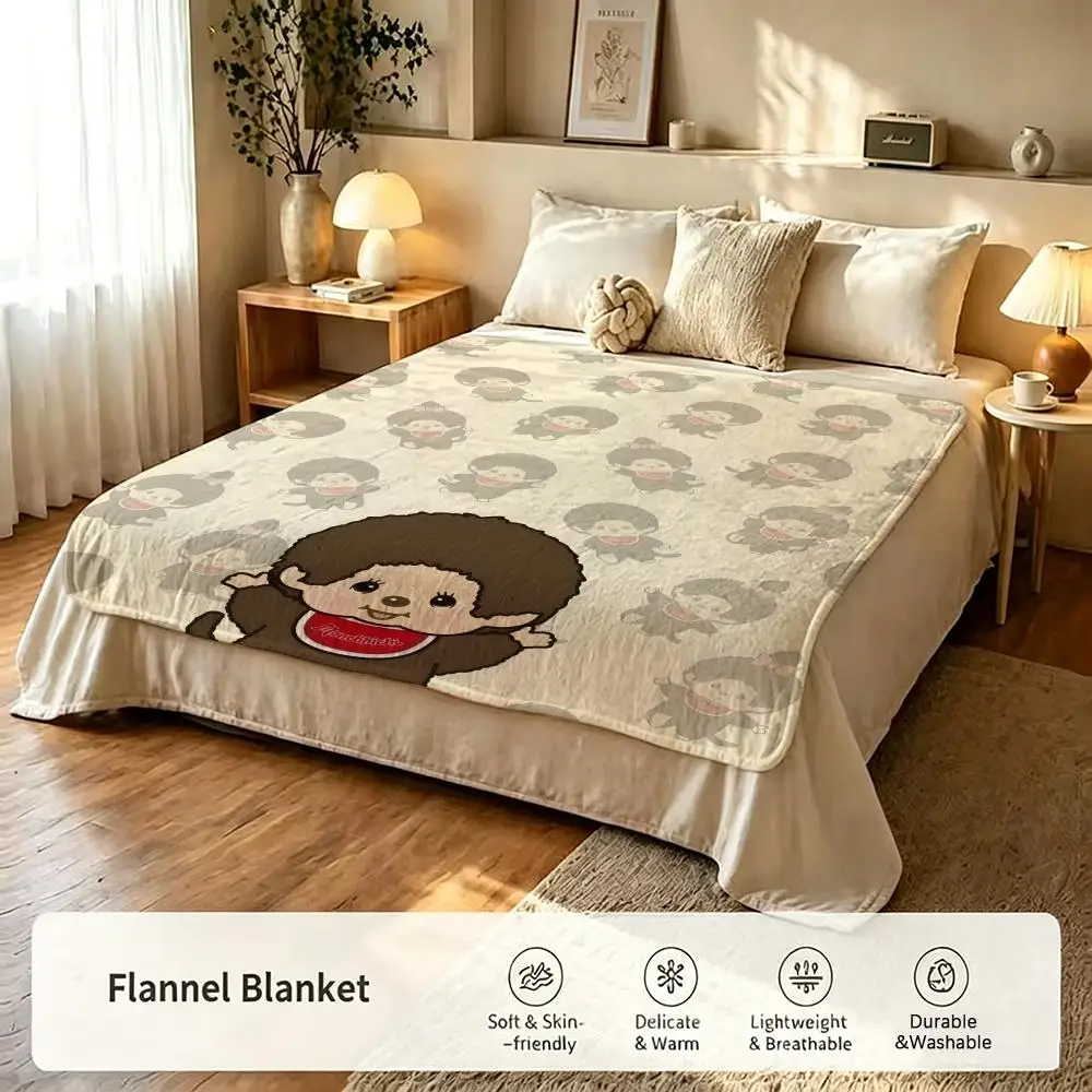 Character M-Monchhichi Überwurfdecke aus Flanell, geeignet für Sofas, Betten, Büros, Reisen, Campingstühle