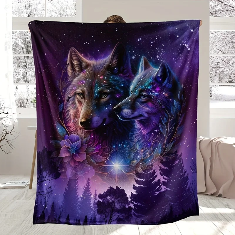 1pc Fashion Blanket,Wolf Starry Sky Print Flanne Blanket,Soft Warm Throw Blanket Nap Gift Blanket ForCouch Sofa Bed All Season