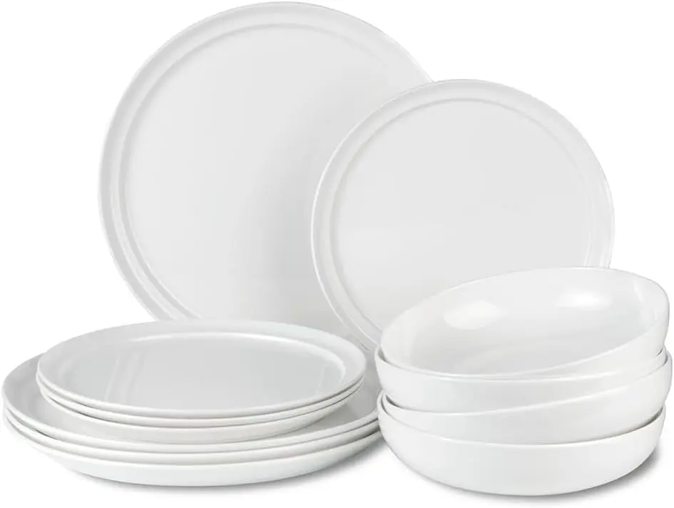 12-Piece Fine Bone China Dinnerware Set, Service for 4, Elegant Lightweight Ivory White Plates and Bowls, Gloss Finish, Microwave and Dishwasher Safe