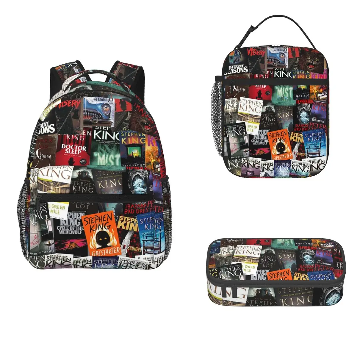 

Stephen King Book Covers, Horror Bookworm Backpacks Boys Girls Bookbag Cartoon Kids Rucksack Lunch Bag Pen Bag Three-Piece Set