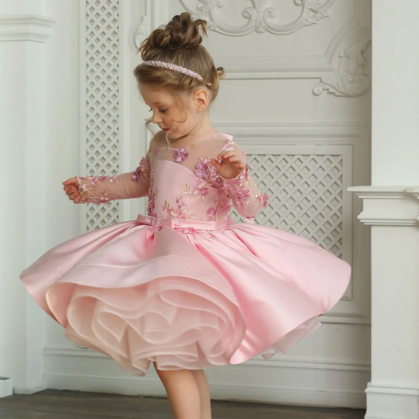 Jill Wish elegante rosa ragazza damigella d'onore vestito 3D fiori manica intera per principessa bambini compleanno festa di nozze abito da spettacolo J177