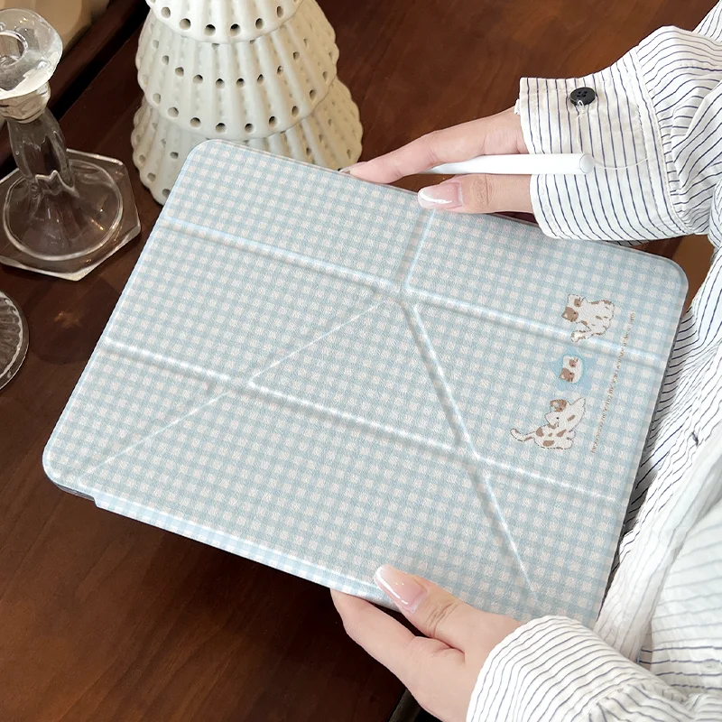 Blue Plaid Cat Acrylic 3+Y Fold Case for iPad 10/11 Gen, 2026 Air11, 2025 Pro11, Mini6/7, Pencil Slot, Auto Wake & Sleep