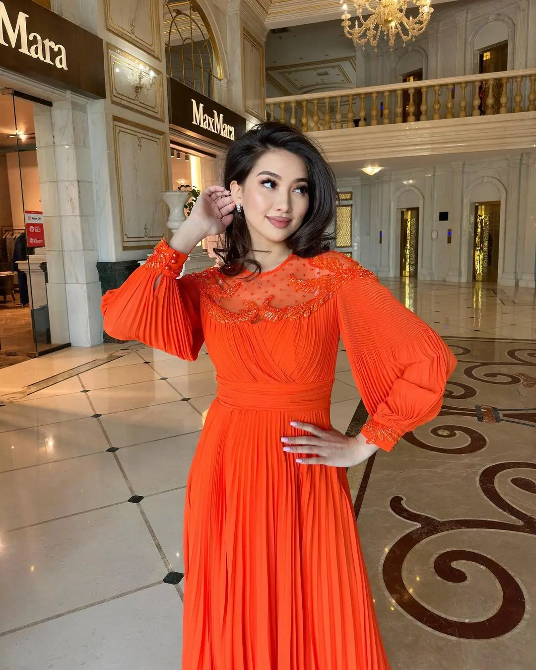 FDY Store Orange Chiffon Long Sleeves Prom Dresses فساتين مناسبة رسمية Dubai Women Evening Gowns Wedding Party Dress