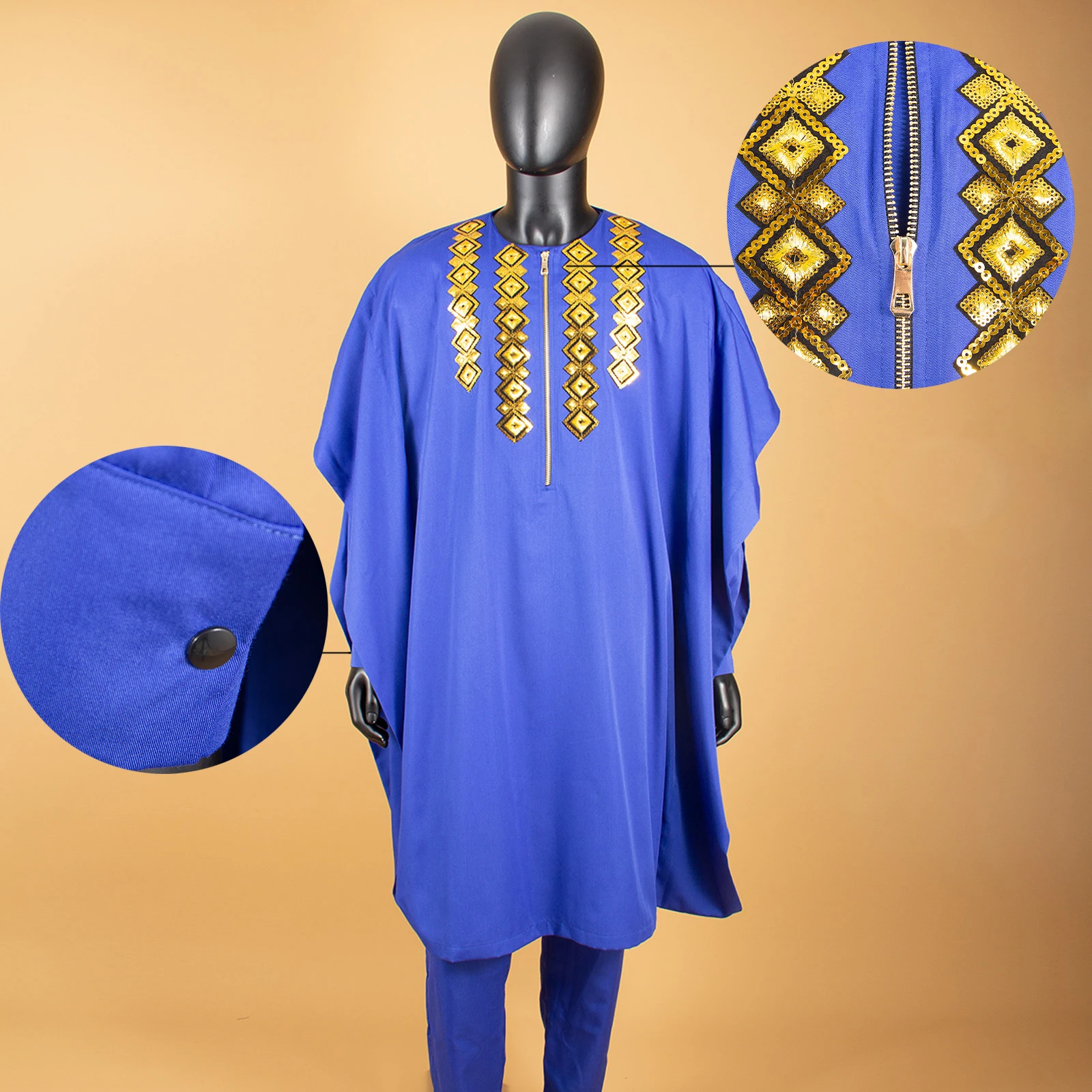 African Suits for Men Embroidery Agbada Robe Shirts and Pants Set Formal Outfits for Wedding Zip Jacket African Robes A2316038