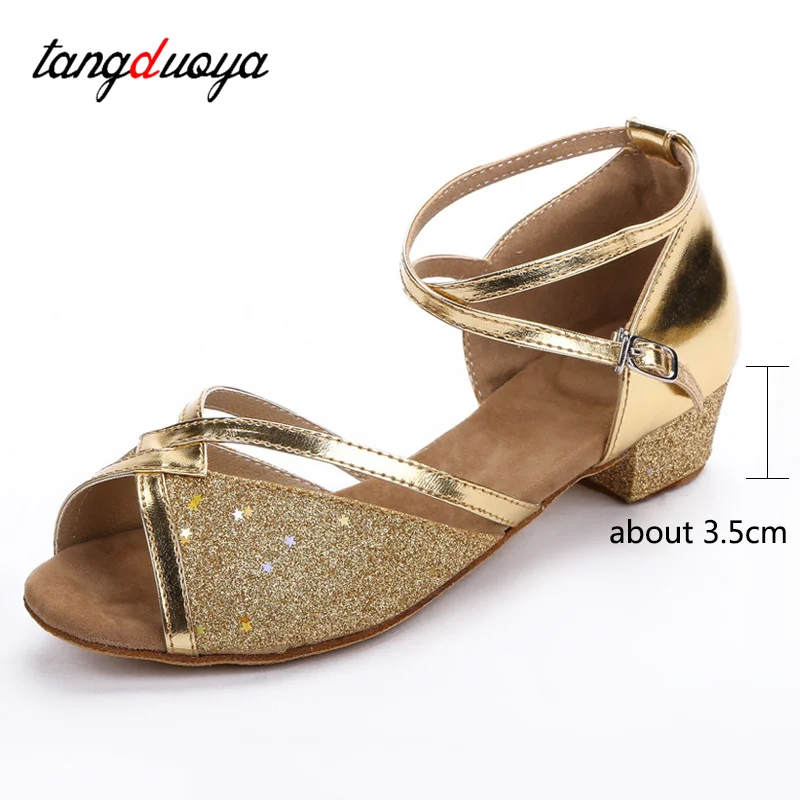 Sepatu dansa anak-anak perempuan, Kasut payet Glitter Ballroom Tango Latin Salsa hak rendah