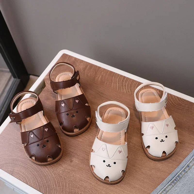 Summer Baby Girls Sandals Lovely Cartoon Cat Embroidered Children's Fashion Sandals For Party Kids Shoes Beach Shoes