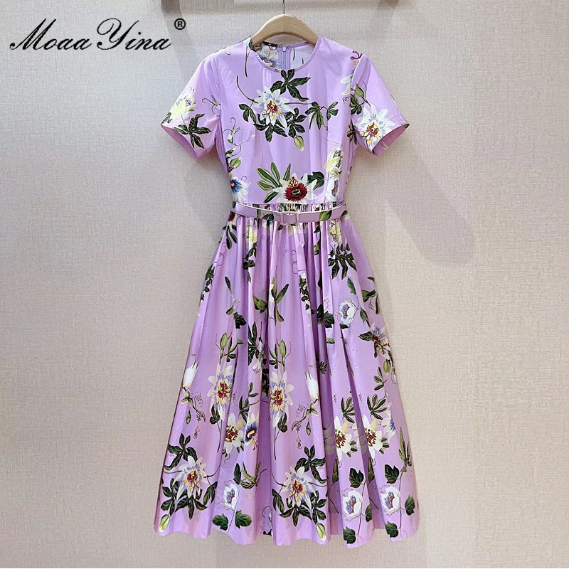 MoaaYina Fashion Designer Dress Spring Summer Women's Poplin Dress Flower Printing Laceup Short Sleeve High Quality Dress