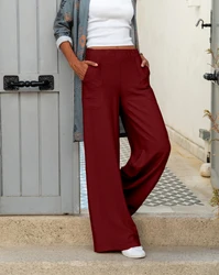 Women Fashion Elastic Waist Wide Leg Long Trousers Pockets Casual Solid Loose Female All Match Pants New