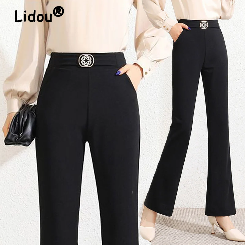 

Spring Autumn Korean Fashion Vintage Elegant Office Lady Slim Elastic High Waist Suit Flare Pants Black Straight Female Trousers