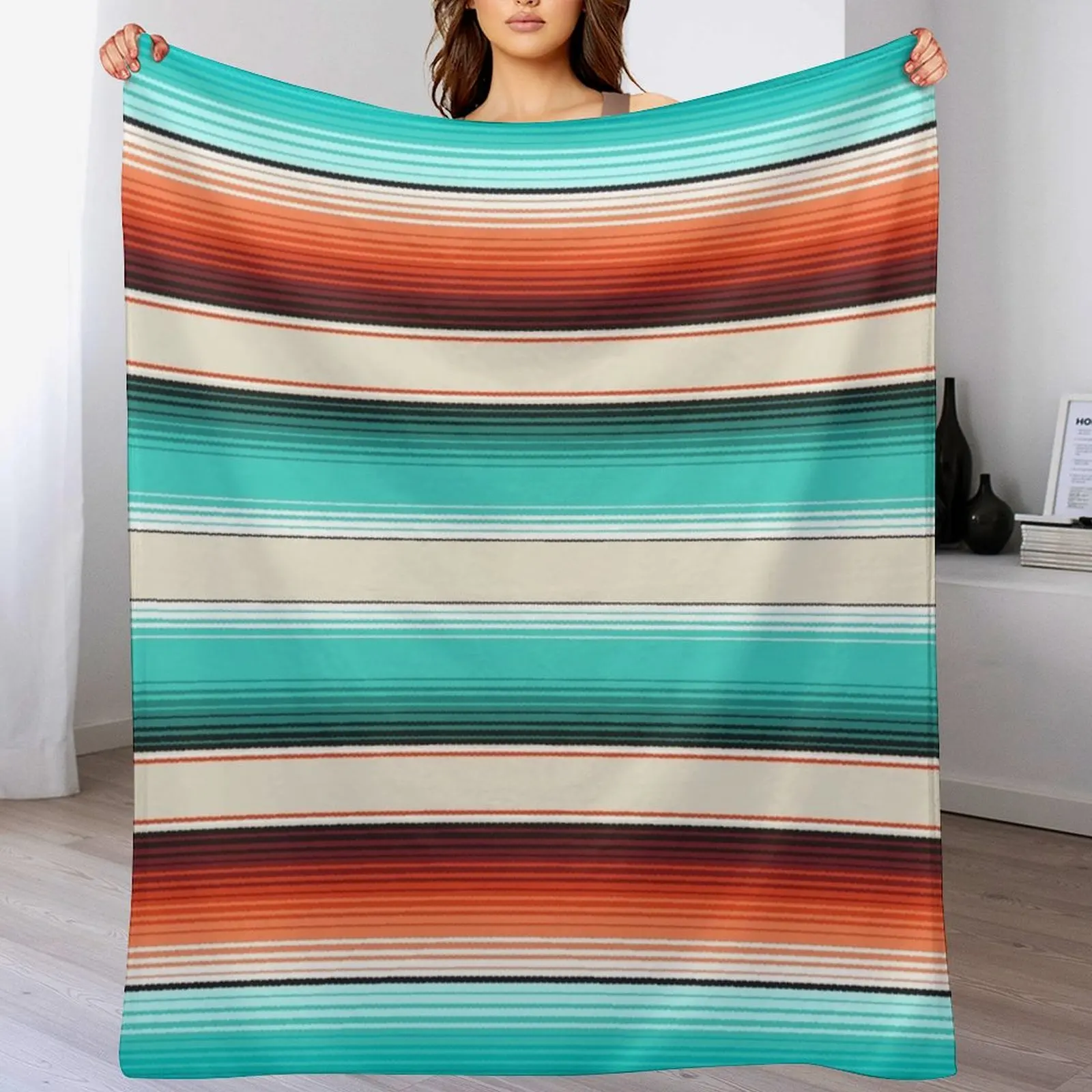 

Navajo White, Turquoise and Burnt Orange Southwest Serape Blanket Stripes Throw Blanket Extra Large Throw Hairy Blankets