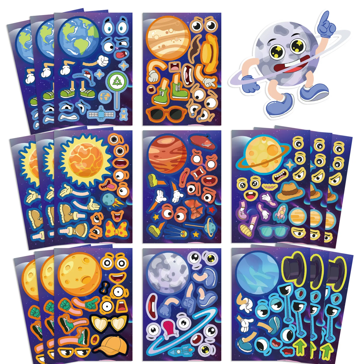 8/16 Pcs Space Planet Fun Cartoon Make A Face Puzzle Stickers DIY Game for Cup Phone Notebook Printer Removable Decals