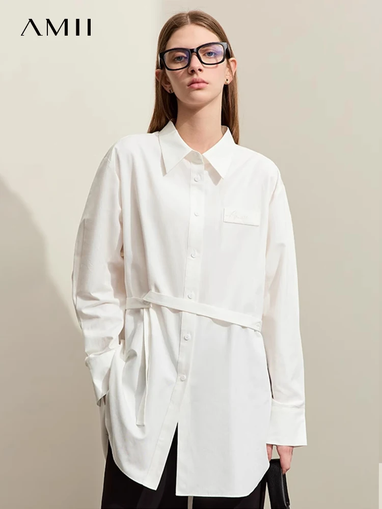 AMII Minimalism 2024 Shirts For Women Spring New Lapel Collar Letter Embroidery Belt Mid-length Drop Sleeves Blouse 12441033