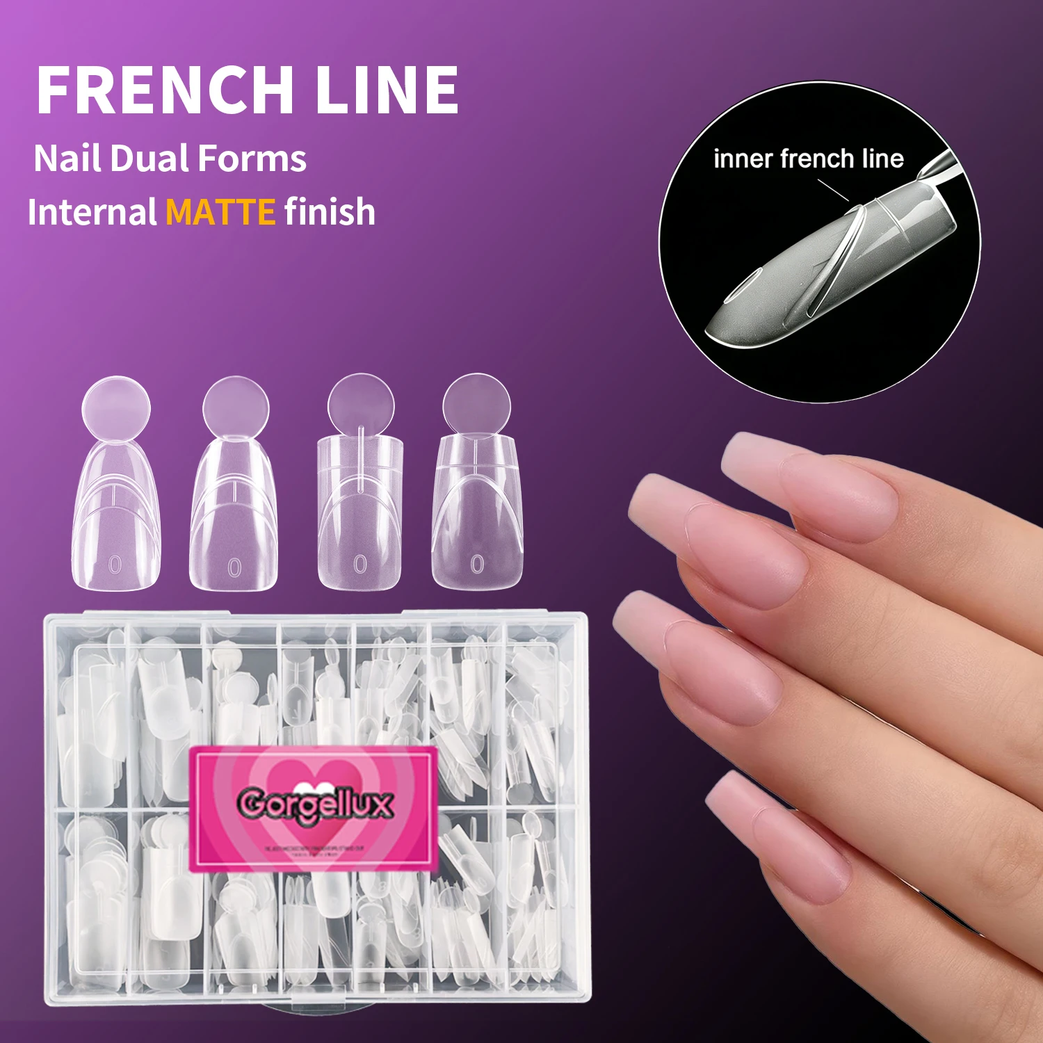 Gorgellux Matte Dual Forms for Gel Nails French Sandwich Extension Tips with Inner Line 14 Sizes Easy DIY Manicure Salon 140pcs