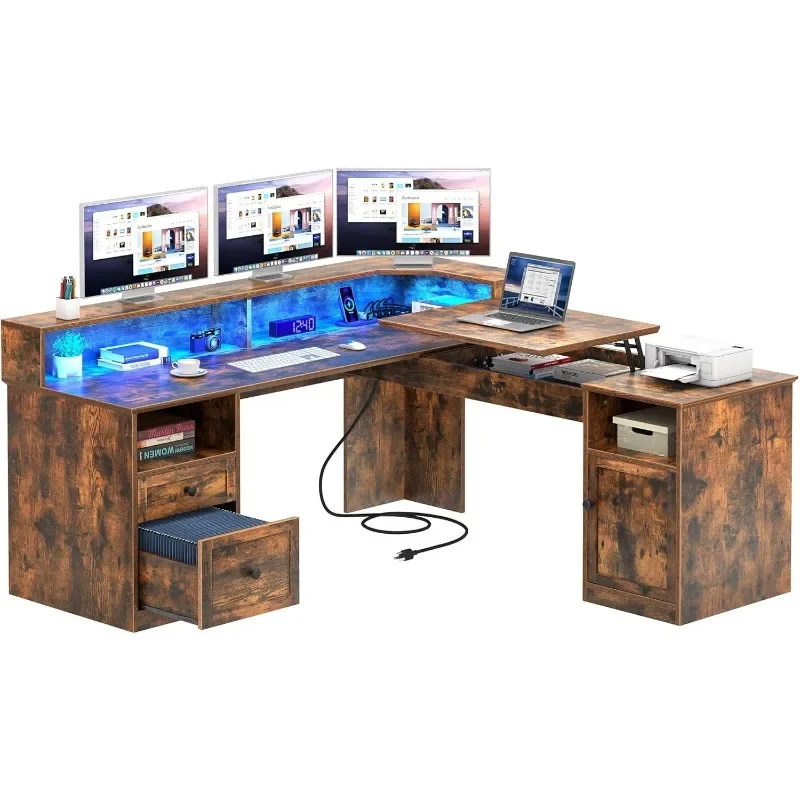 

L Shaped Desk with Power Outlets & LED Lights, Computer Desk with Drawers & Lift Top, Home Office Desk with Monitor Stand