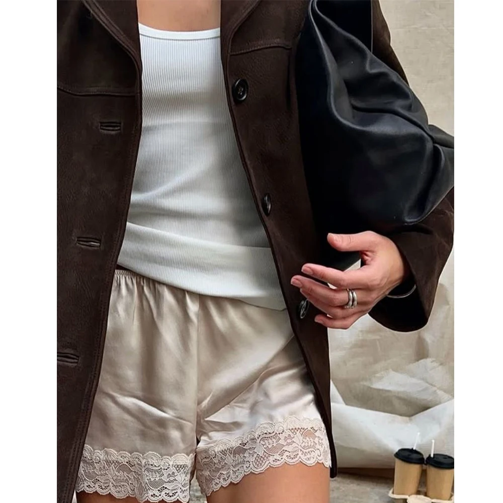 

Women y2k Satin Silk Lace Patchwork Shorts Summer Autumn Fashion Sweet High Rise Comfy Soft Silky Pajamas Bottoms Streetwear