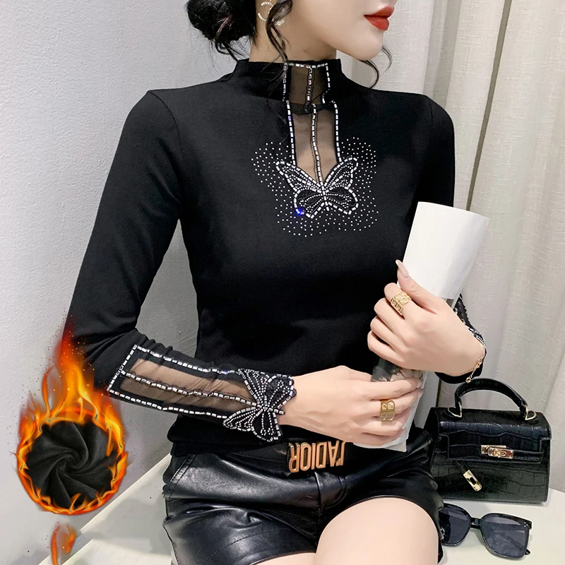 MadBlack, European Thicken Fleece T-Shirt, Sexy Women Stand Diamond Top, Clubwear Long Sleeve Slim Tee, Autumn Winter T40903CC