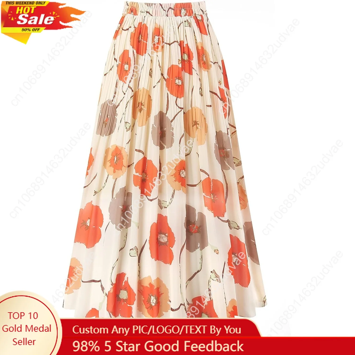 

Kingfancy Women's Pleated Skirt Chiffon Elastic Waist A-Line Midi Length Skirt