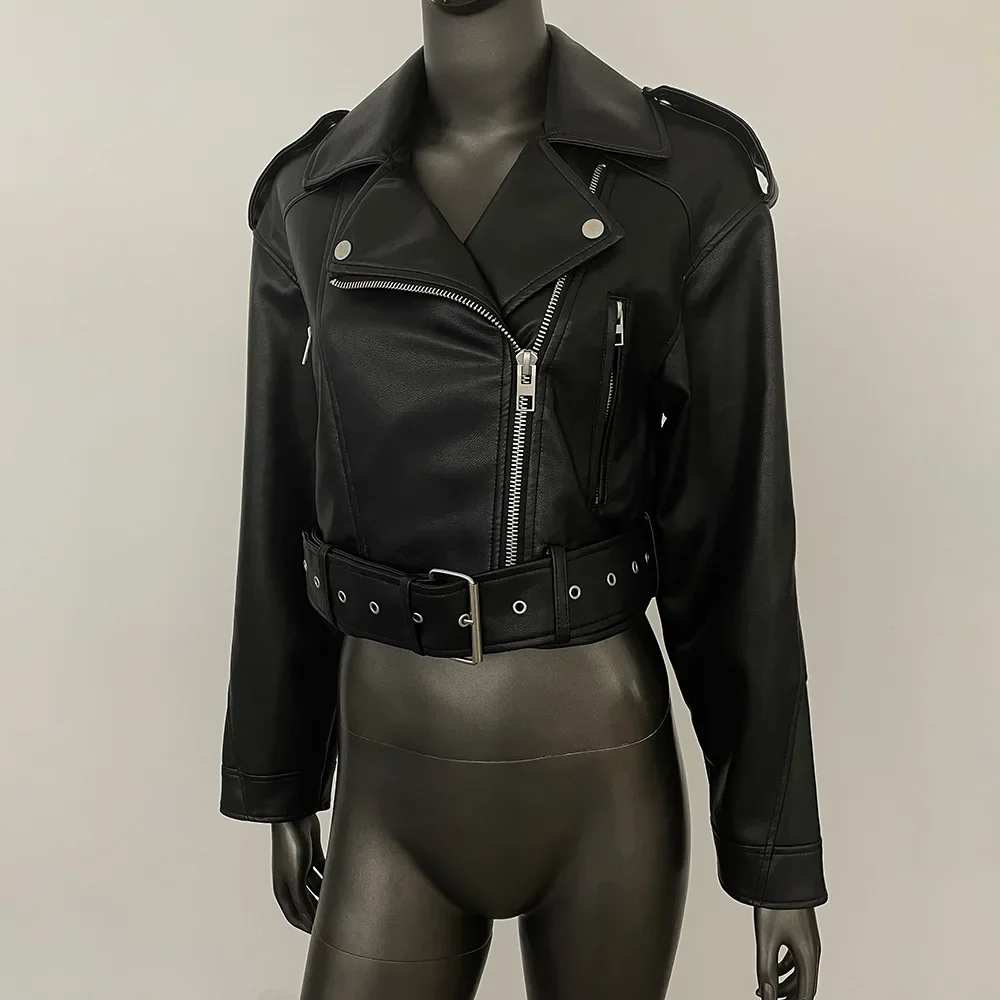 Nouveau printemps automne femmes Moto Biker veste en simili cuir Streetwear femme ample fermeture éclair ceinture manteau vêtements d'extérieur femmes