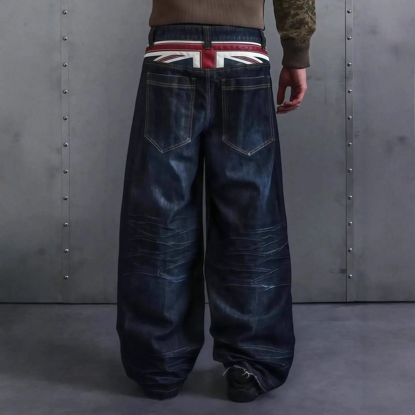 Herren und Damen High-Waist Washed Baggy Denim-Hosen Union Jack Vintage Wrinkle Wide Leg Jeans Streetwear Casual Dressing Up 2026