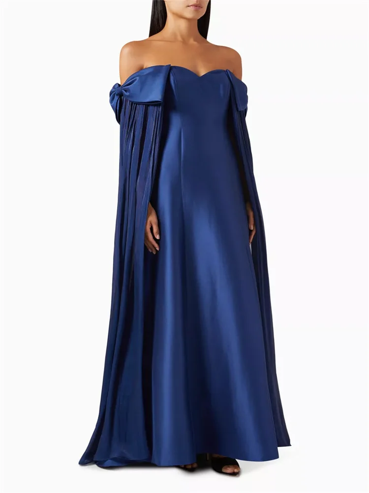 

Customized Off Shoulder Neckline Long Cape Sleeves Chiffon A-Line Evening Dress Elegant Back Zipper Floor Length Gown For Women