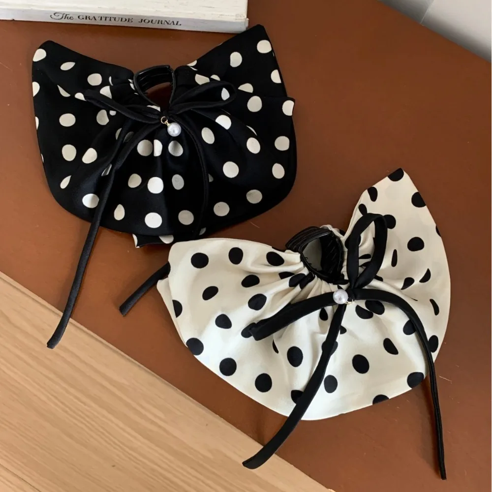 Vintage Satin Polka Dot Pearl Bow Hair Claw for Back of Head Low Ponytail Half Up Hair Clip for Women Elegant Hair Accessory