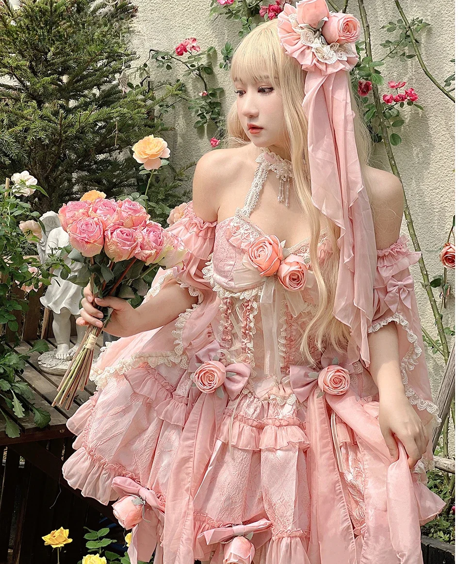 Original Design Lolita Sweet Girl Jacquard Rose Fishbone Dress Slim Women's Halter Pink Flower Ball Gown Party Dresses