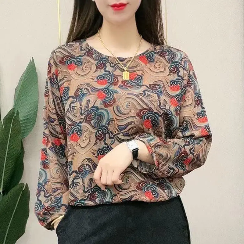 Autumn and Winter Aesthetic Commuter Shirt Vintage Women Elegant Trendy Print Round Collar Long Sleeve Loose Casual Chiffon Top