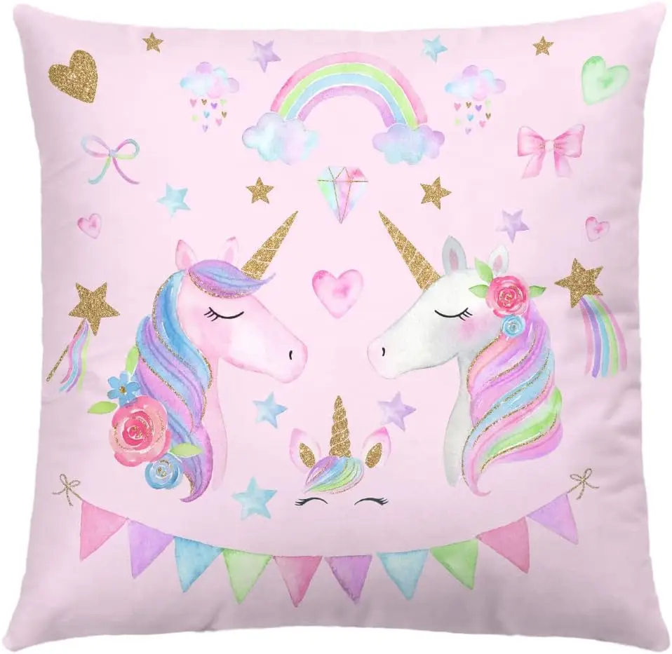 Wajade Unicorn Throw Pillow Cases 1 Pack of Pink Unicorn Cushion Decorative Pillow Covers 45 x 45 cm for Girls  Invisible Zipper