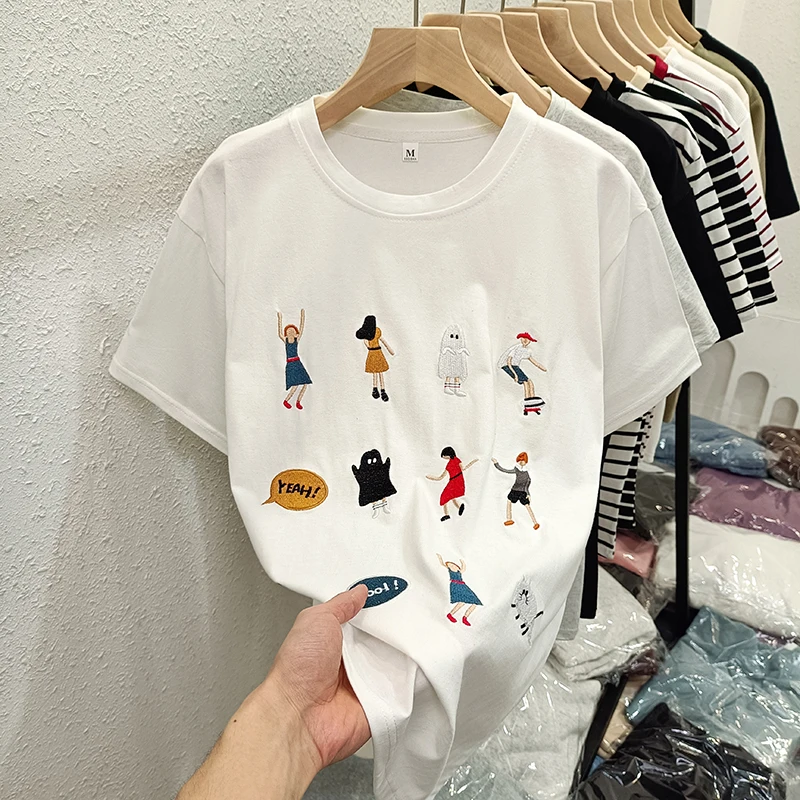 Summer Fashion Women T-Shirt Funny Cartoon Embroidery Tshirt Harajuku Casual Loose Pure Cotton Clothes T Shirt Female Streetwear