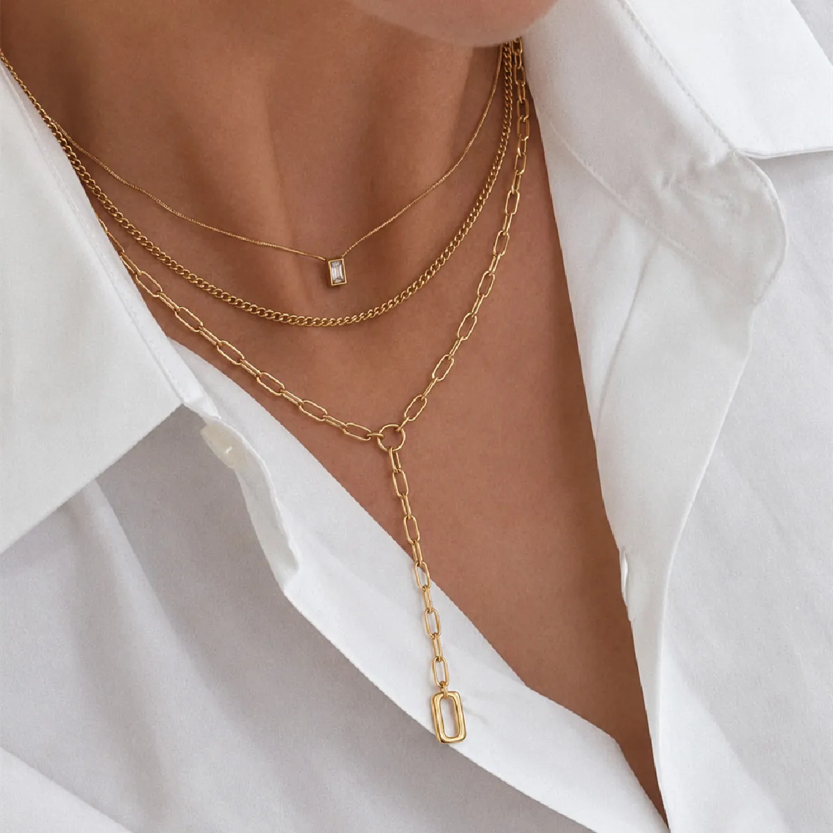 18K Gold Plated Stainless Steel Layered Necklace Square CZ Pendant Snake Chain Paperclip Y Lariat Necklaces Jewelry Women