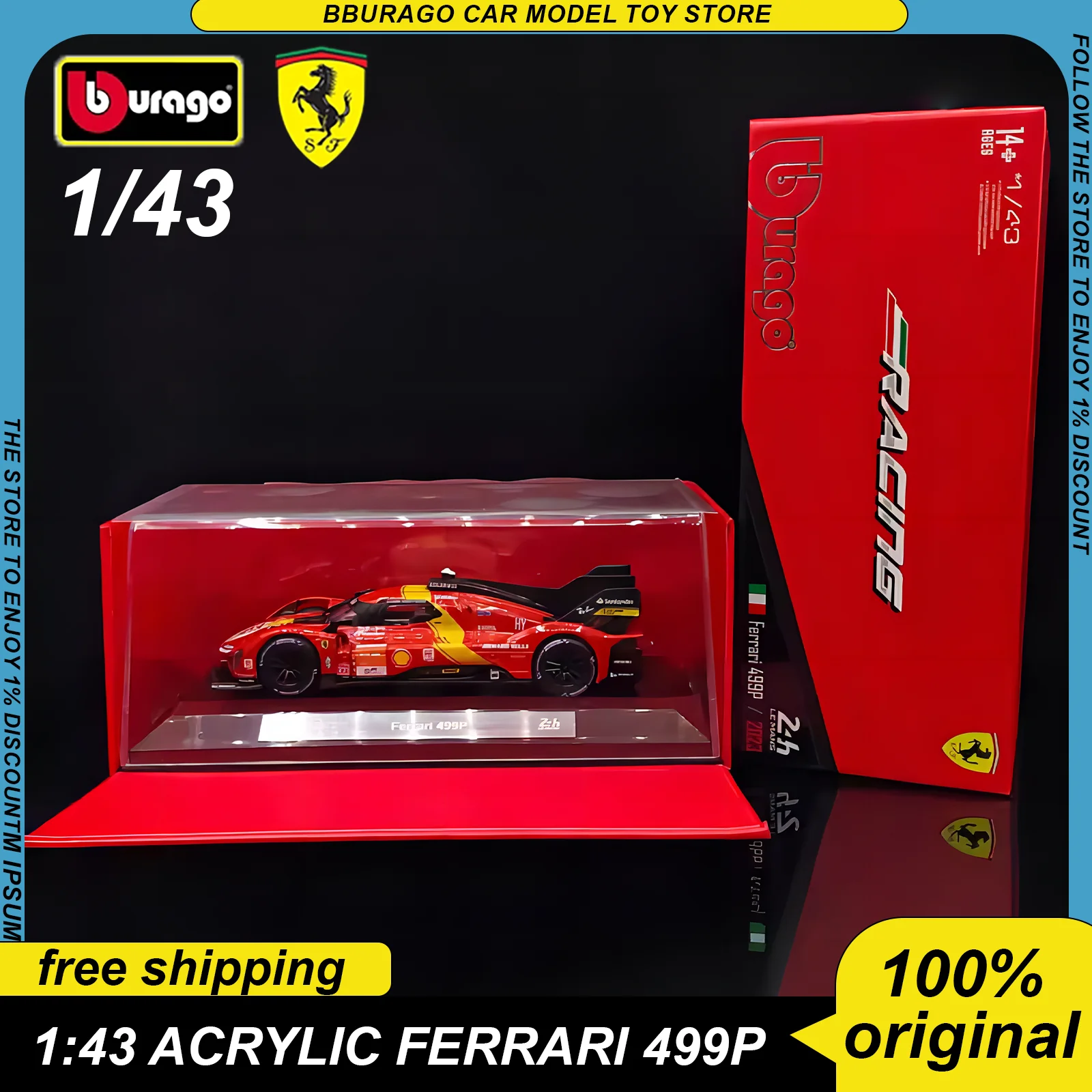 New Product Acrylic packaging Bburago 1:43 Le Mans Rally Champion Ferrari 499p Diecast Model Alloy Luxury Vehicle Toys Kids Gift