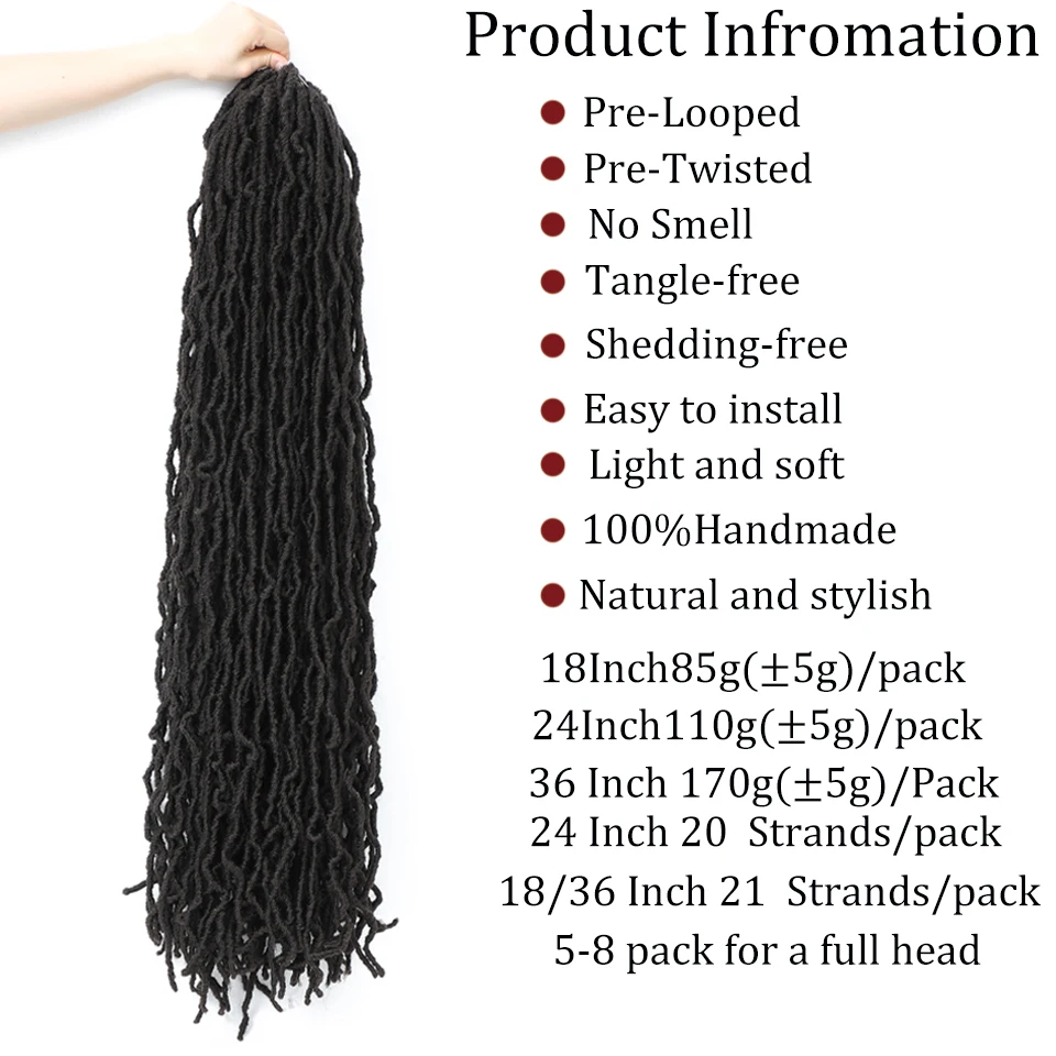 Pré-Looped Soft Goddess Faux Locks para mulheres, Crochet trança extensões de cabelo, encaracolado Dreadlocks, 18 ", 24", 36"