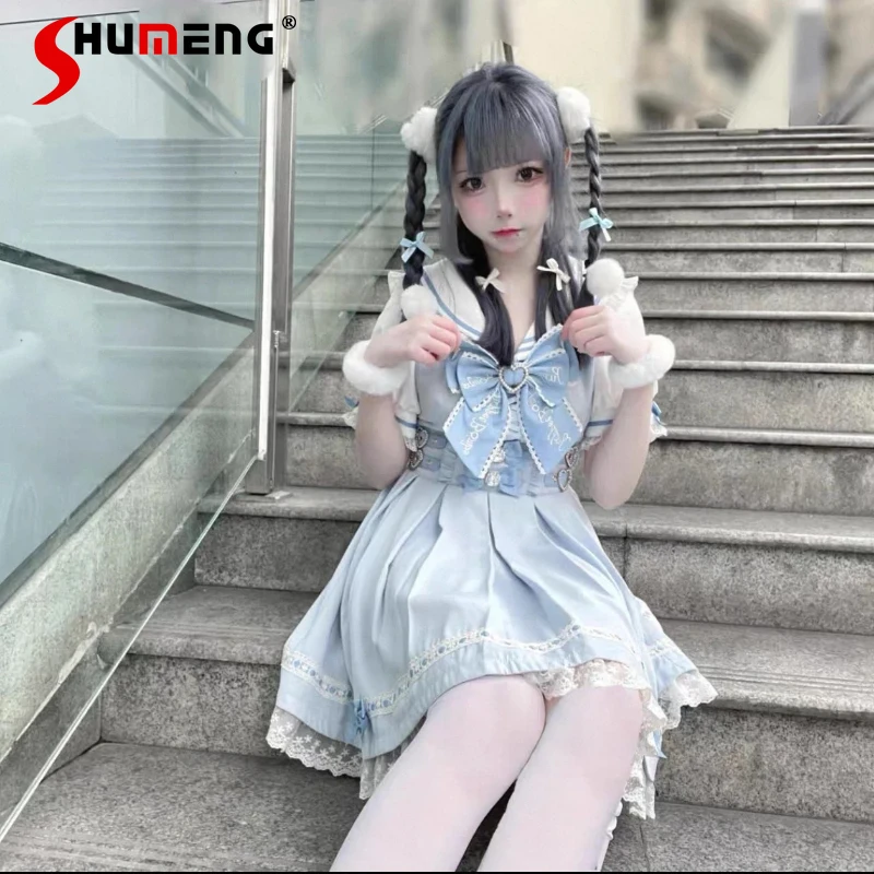 

Japanese Rojita Water Color Angel Navy Style Sweet Cute Aqua Blue Dresses Summer Navy Collar JK Pleated Bow Vestidos For Women