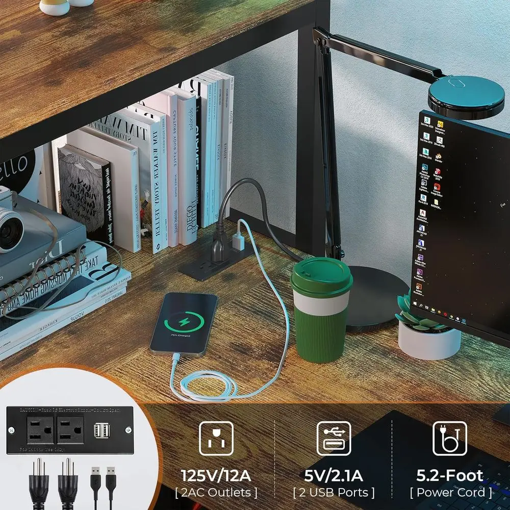 سرير علوي مزدوج الحجم مع مكتب على شكل حرف L وإضاءة LED ومحطة شحن وأرفف تخزين وأدراج قماشية وواقي أمان وسلم