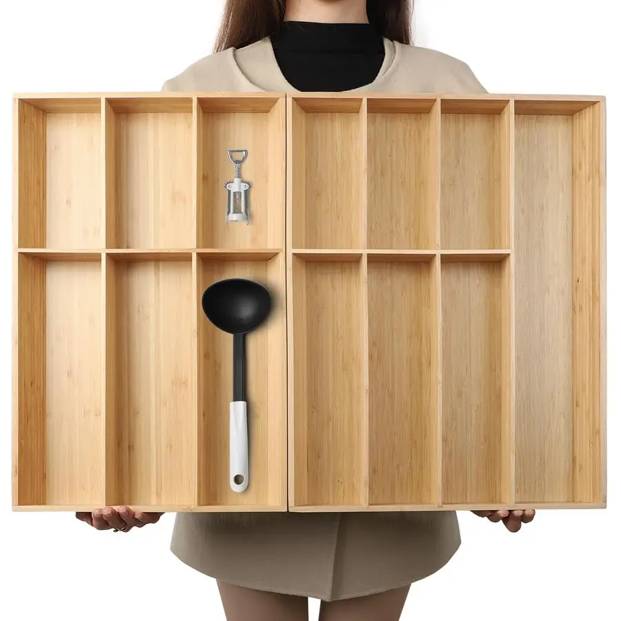 

Extra Large Bamboo Drawer Organizer Set of 2, Kitchen Cutlery Tray Utensil Plate, FlatwareampSilverware Storage Box, Wood Organi