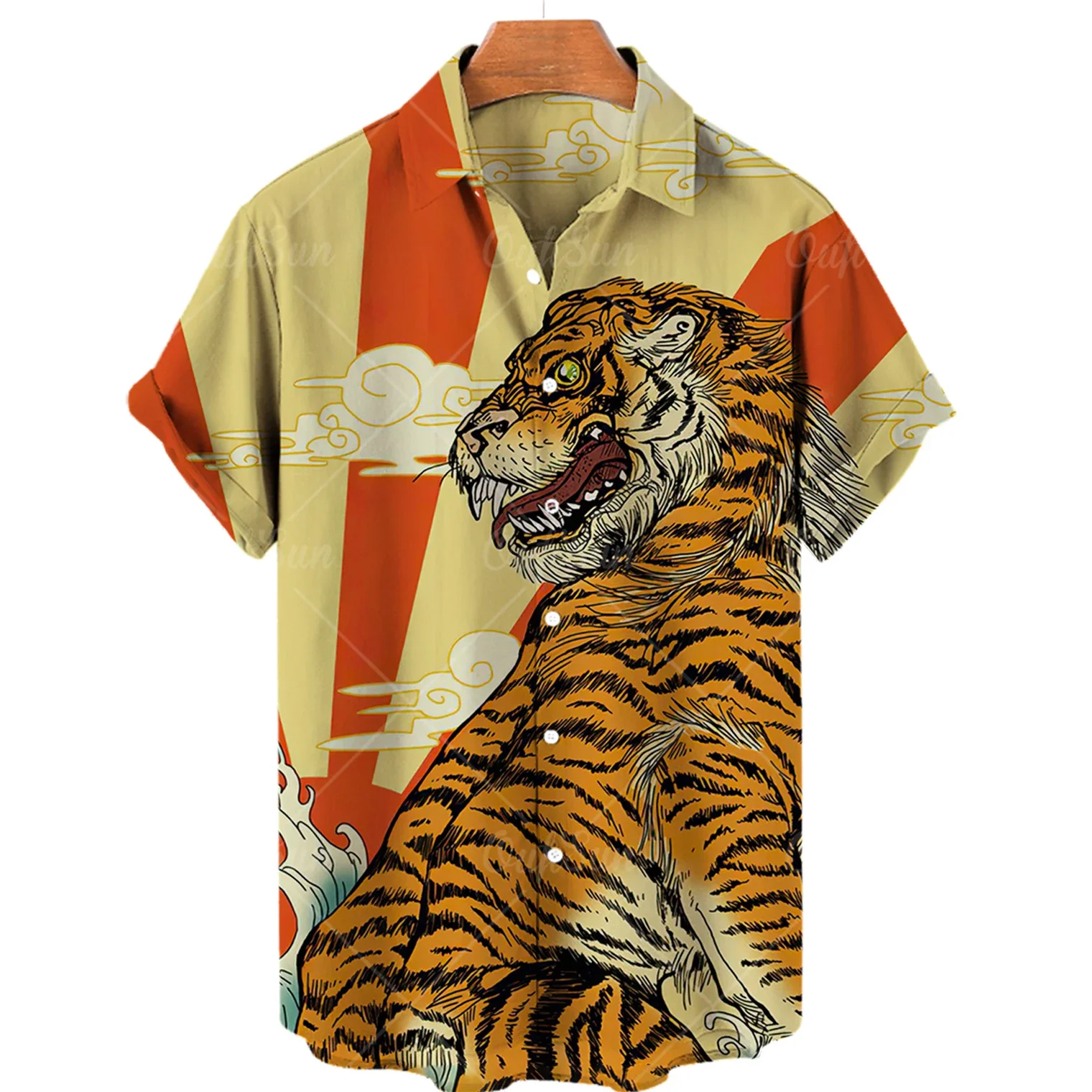 2022 Short Sleeve Hawaiian Shirt Men Color Tiger Print Chinese Cardigan Plus Size Summer Clothing