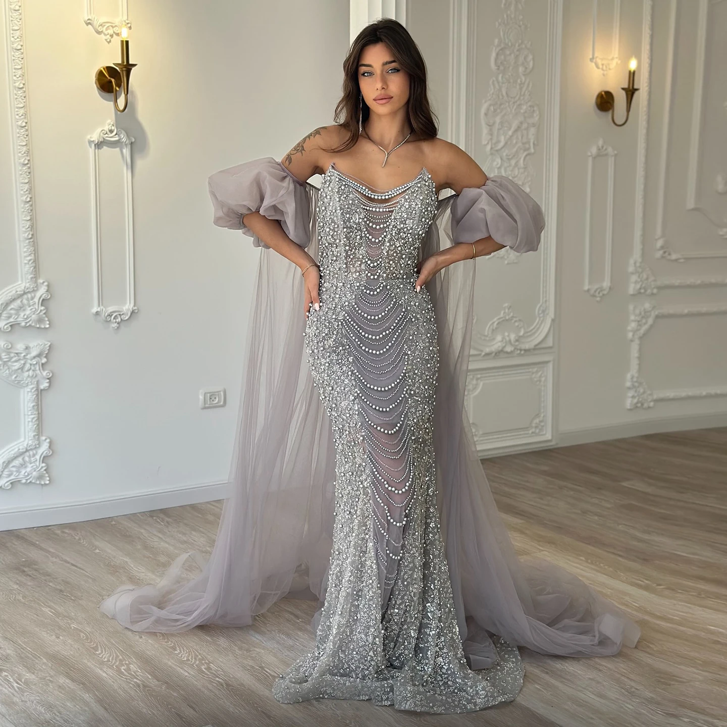 

Sharon Said Luxury Pearls Mermaid Evening Dress with Cape Sleeves Tassel for Dubai Turkish Wedding Party Gowns SS289 Customized