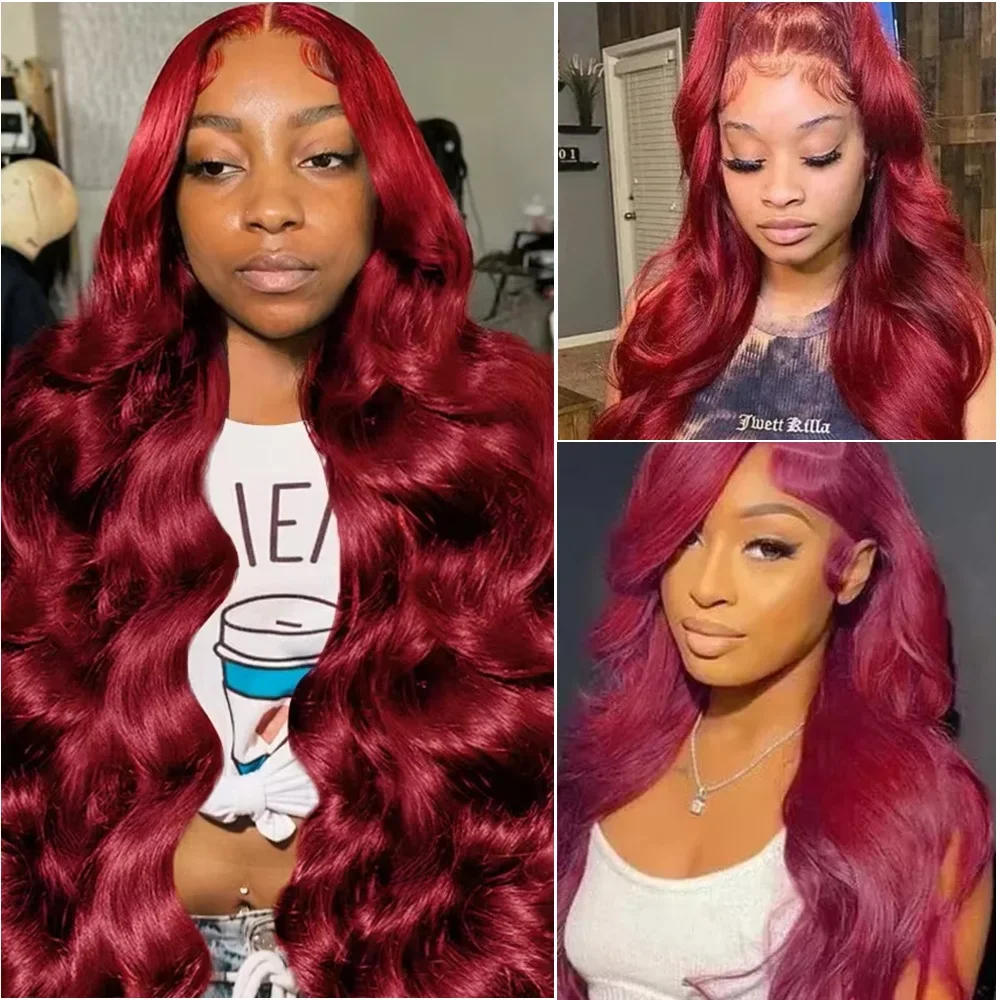 

99J Body Wave 13x6 Hd Lace Frontal Human Hair Wig Burgundy Red Colored Remy 360 Full Transparent Lace Front Wigs for Women 5x5