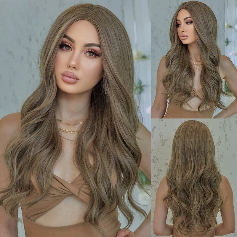 

Hot silk ladies wig, elegant wind long hair khaki brown, natural waves party commute