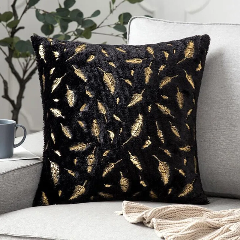 Gold Bronzing Feather Plush Pillowcase For Sofa Living Room Decor Pillow Case Light Luxury Home Decorative Cushion Cover